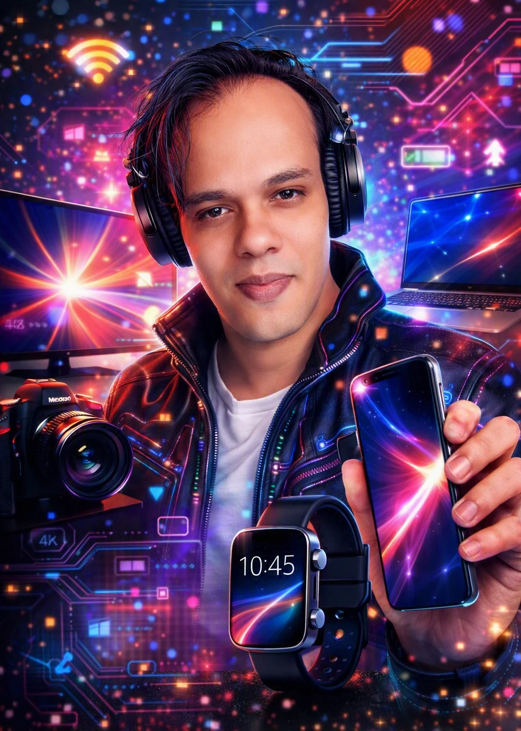 The founder of Max Electronics wearing headphones, holding up a phone and a smart watch, with a camera, a laptop and a monitor around him